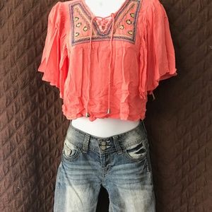 Coral top w/ denim shorts